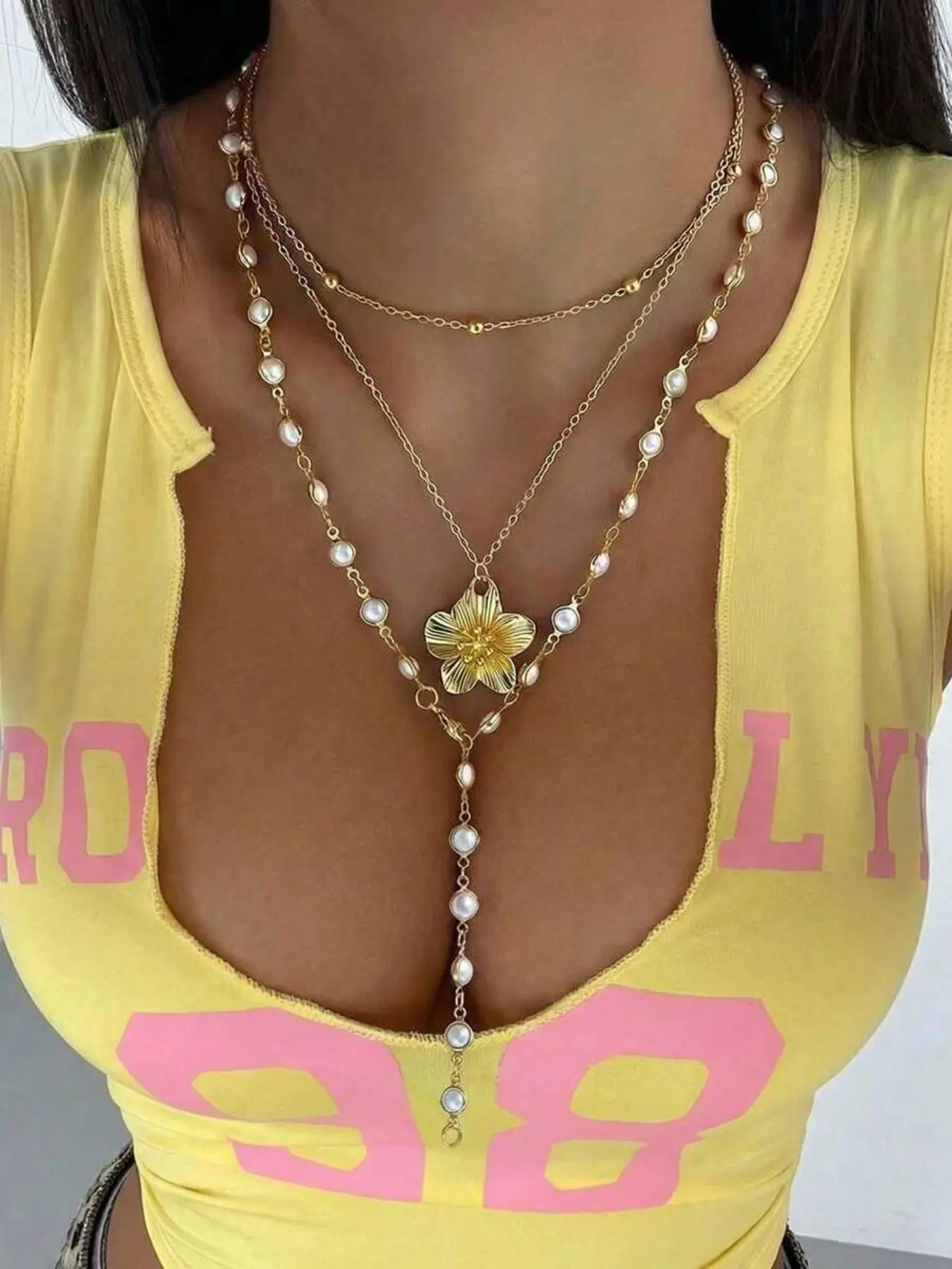 2 Pcs Vintage Bohemian Metal & Faux Pearl Flower Pendant Necklace Set, Summer Style Jewelry, Boho Style Necklace, Y-Shaped Chain, Ideal for Daily Wear and Beach Vacations