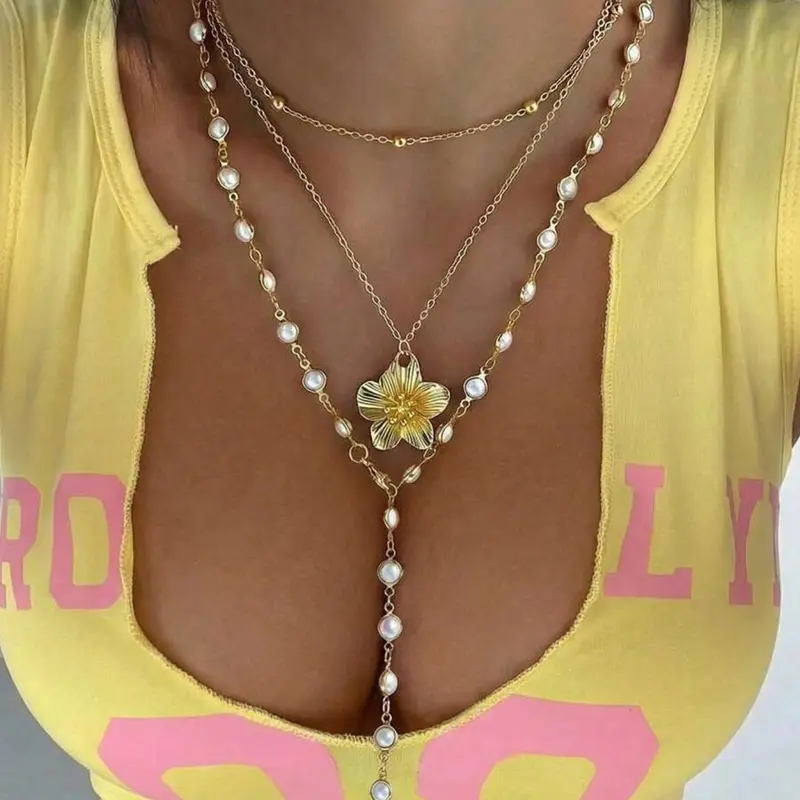 2 Pcs Vintage Bohemian Metal & Faux Pearl Flower Pendant Necklace Set, Summer Style Jewelry, Boho Style Necklace, Y-Shaped Chain, Ideal for Daily Wear and Beach Vacations