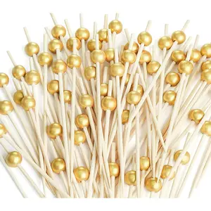 200PCS Cocktail Picks, Fancy Toothpicks for Appetizers, Decorative Bamboo Skewers for Appetizers Drinks Fruit, 4.7 Inch Long Wooden Gold Pearl Food Sticks Charcuterie Boards Accessories Party Supplies Set Utensils Handmade Plastic Sturdy