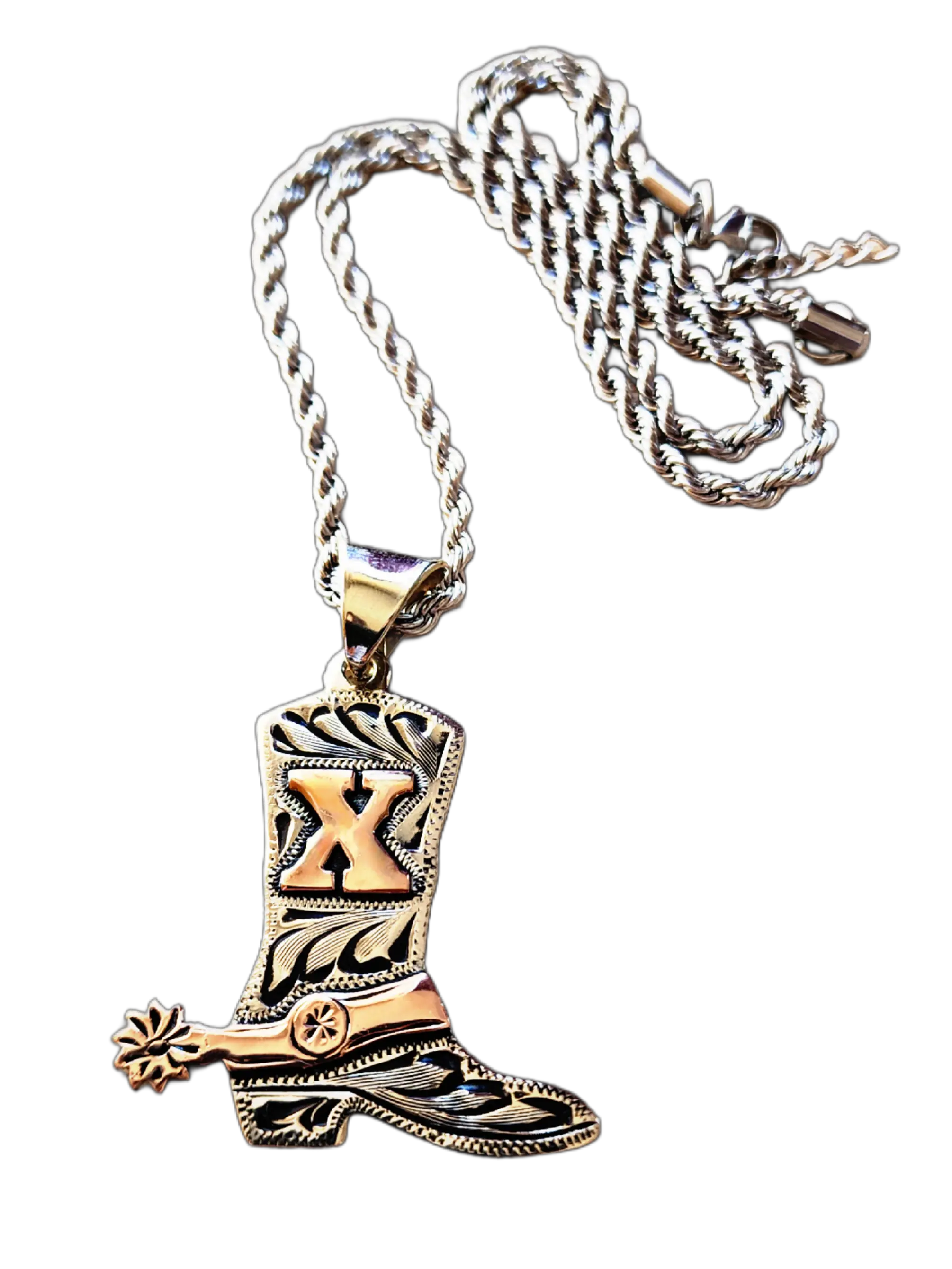 Hand Crafted Cowboy Western Boot Necklace. Initial and Spur made out of Copper. Custom Initial or Logo. Free 23" Rope Chain Included. Made to Order.