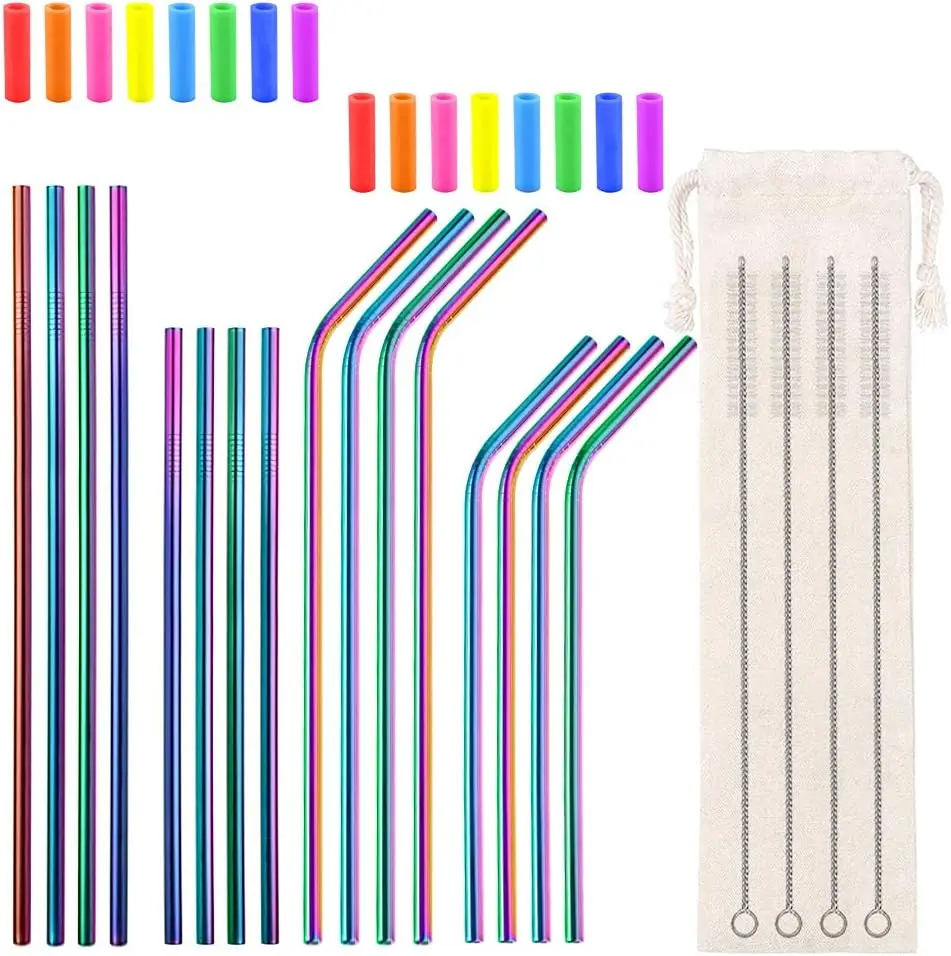 16 count Metal Straw  8.5" 10.5" 6mm Stainless Steel Straws for Tumblers 20oz-32oz, Rainbow Drinking Straws with  Tips, 4 Straw Cleaner Brush, 1 Travel Case