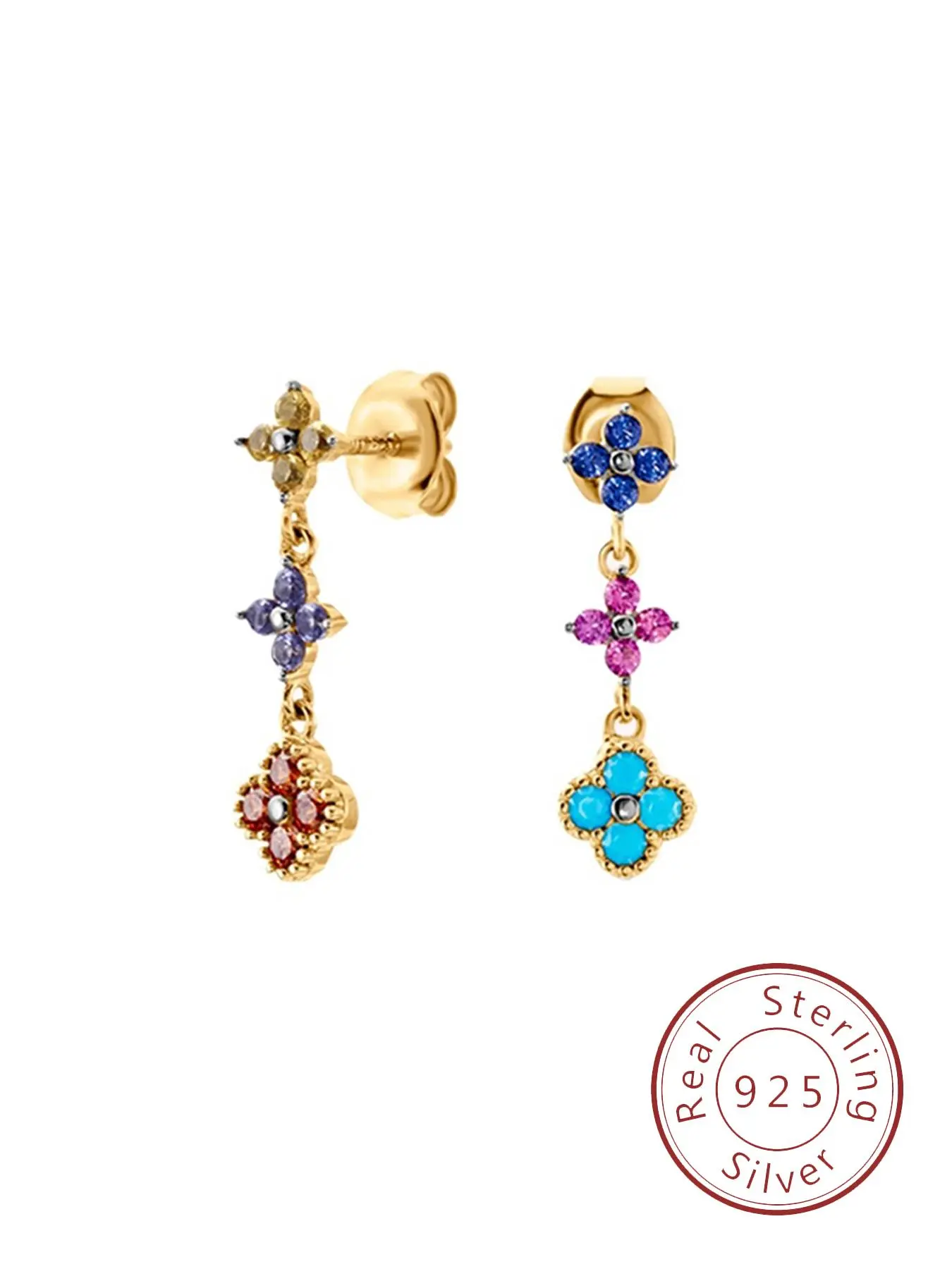 S925 Sterling Silver Fashion Colorful Flower Design Dangle Earrings, Elegant Dangle Earrings for Women, Trendy All-match & Exquisite Jewelry for Birthday Gift, High Quality Earrings, Earrings Dangling