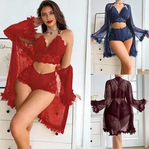 Women‘s Elegant & Romantic Lace Chemise Set: Ladies' Thin Strappy Robe Nightwear 3 Piece, Sexy Sleepwear