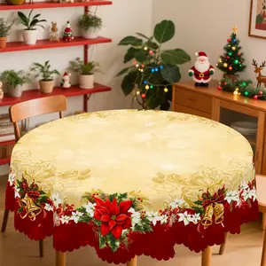 PLUMLIK Christmas Tablecloth with Golden Bell, Red Flower, Christmas Decor 2025, Christmas Party Decoration for Home Indoor Outdoor, Vintage Round Rectangular Table Cloth, Holiday Kitchen Festive Decor, Christmas Gifts