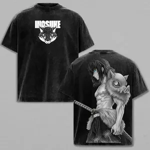Inosuke Anime Washed Tee – Demon Slayer Vintage Manga T-Shirt, Cool Japanese Anime Graphic Shirt, Oversized Streetwear Trendy Otaku Gift, Aesthetic Shonen Anime Tee men clothing