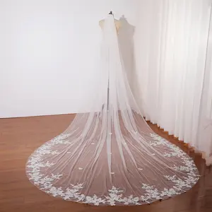 Unique ivory lace wedding veil, Single layer long floral lace cathedral veil, Lace edge bridal veil, Romantic outdoor wedding veil, chapel wedding veil, Fingertip veil Soft tulle