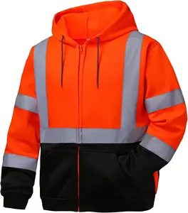 High Visibility Hoodie for Men Class 3 Hi Vis Safety Orange Hoodies Zip  Reflective Construction Sweatshirt with Pockets