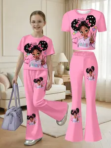 Sweet Girl Heart Star Bubble Head Set, Girls Short Sleeve Bell Bottom Pants, Casual Fitted Crop Top, Long Natural Waist Tee, Casual Fashion Set