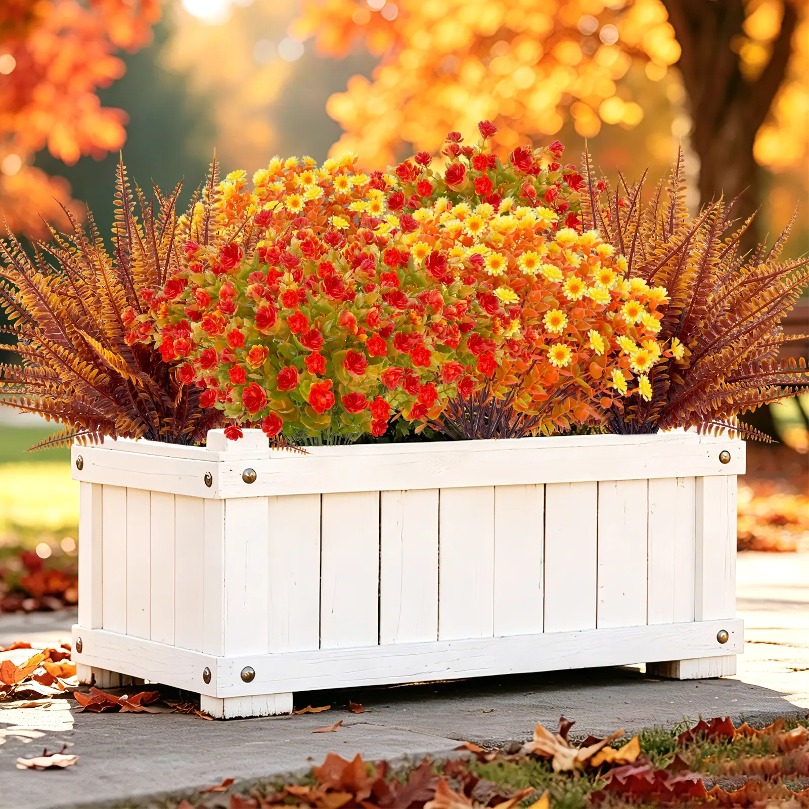 Fall Decor - 12 Bundles 3 Styles Artificial Fall Flowers, UV Resistant Realistic Fake Mums Boston Fern & Eucalyptus Fall Plants Plants, Thanksgiving Decor for Indoor Outdoor Porch Patio Planters Window Boxes Garden Home - Autumn Mix