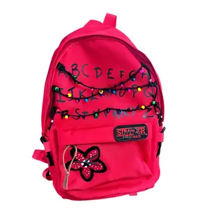 Stranger Things Themed Red Backpack with Demogorgon Flower Embroidery & Alphabet String Light Design, Durable Spacious Backpack for School, Travel, Daily Use for Stranger Things Fans