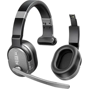 Trucker Bluetooth Headset, Wireless Headsets with Noise Cancelling Microphone, 50+Hrs HD Talktime Bluetooth Headphones with Detachable Earpad/Single+Dual Mode for Office/Driving/Home (Silver)