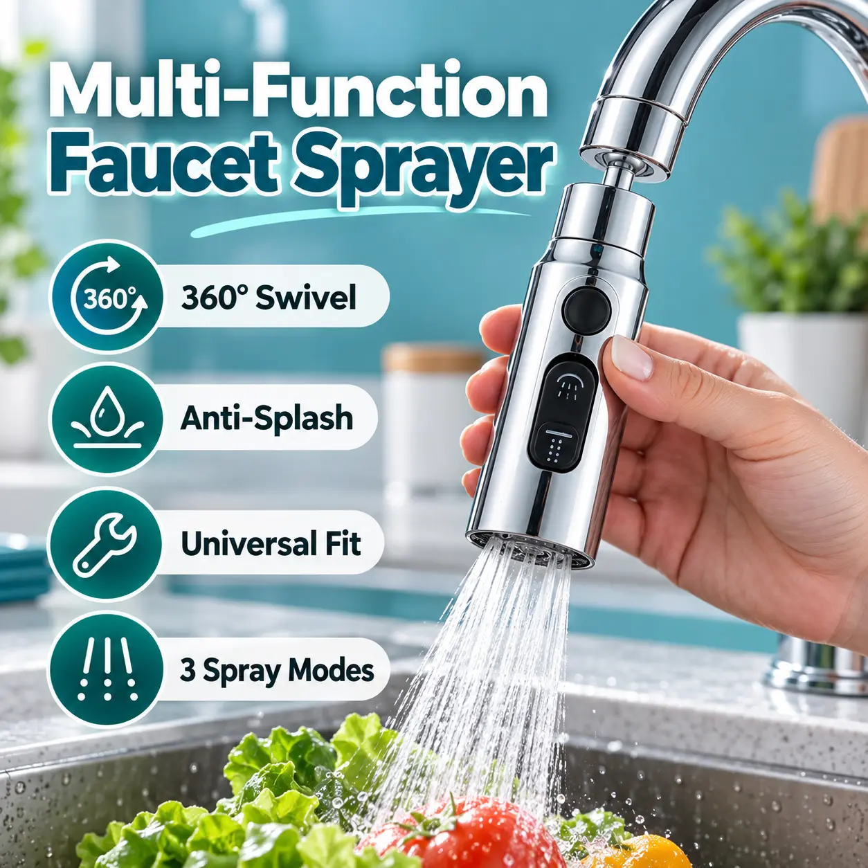 360° Rotating Chrome Faucet Rinsing Attachment for Kitchen Taps - 3-Mode Swivel Nozzle Water Sprayer, Push Button Control, Anti-Splash Aerator for Bathroom Sinks, Faucet Rinsing Attachment Kitchen Taps, Rotating Faucet Aerator Kitchen Taps