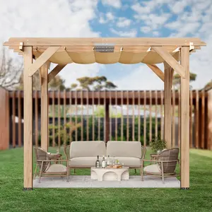 Garvee 10x12 FT Cedar Wood Pergola with Retractable Oxford Fabric Roof, Wooden Outdoor Patio Canopy Gazebo with Shade
