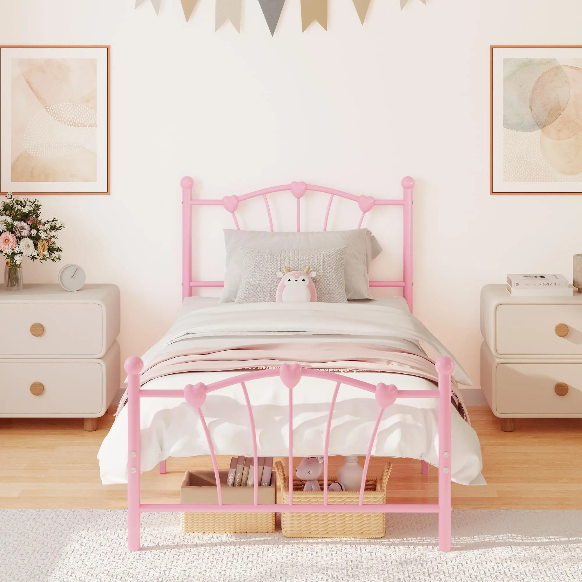 GARVEE Twin Bed Frames for Kids, Metal Bed Frame with Headboard & Footboard, Twin Size Metal Platform Bed Frame, Heavy Duty Bed Slats Support, No Box Spring Needed, Pink