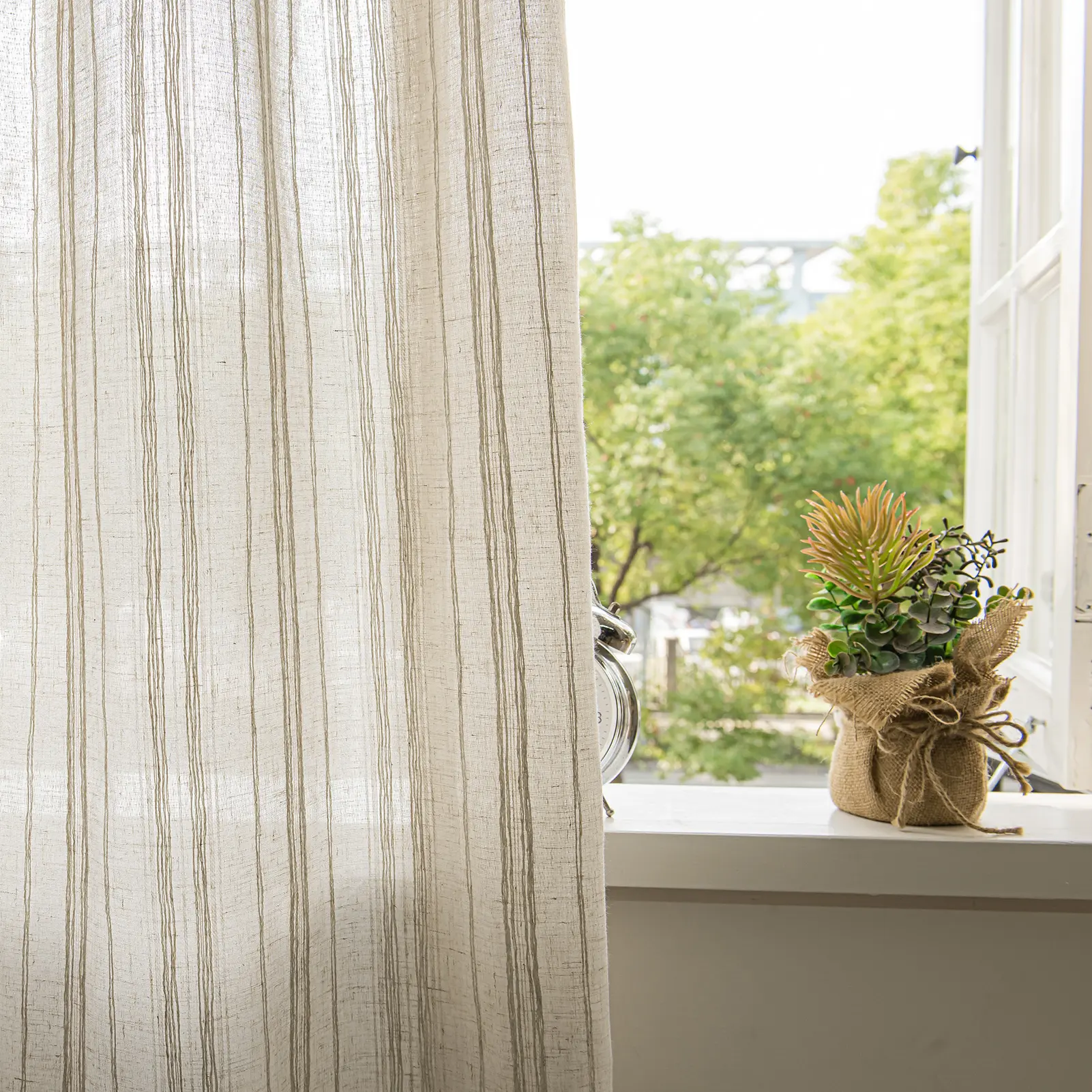 52w x 84l 2-Panel Rod Pocket Linen Slub Texture Striped Sheer Curtains (Pack of 2) - Classic Apartment Drapes, Breathable Polyester, Wrinkle-Resistant, Anti-Shrink, Light Filtering, Machine Washable, Non-Chlorine Bleach Safe, Farmhouse Decor