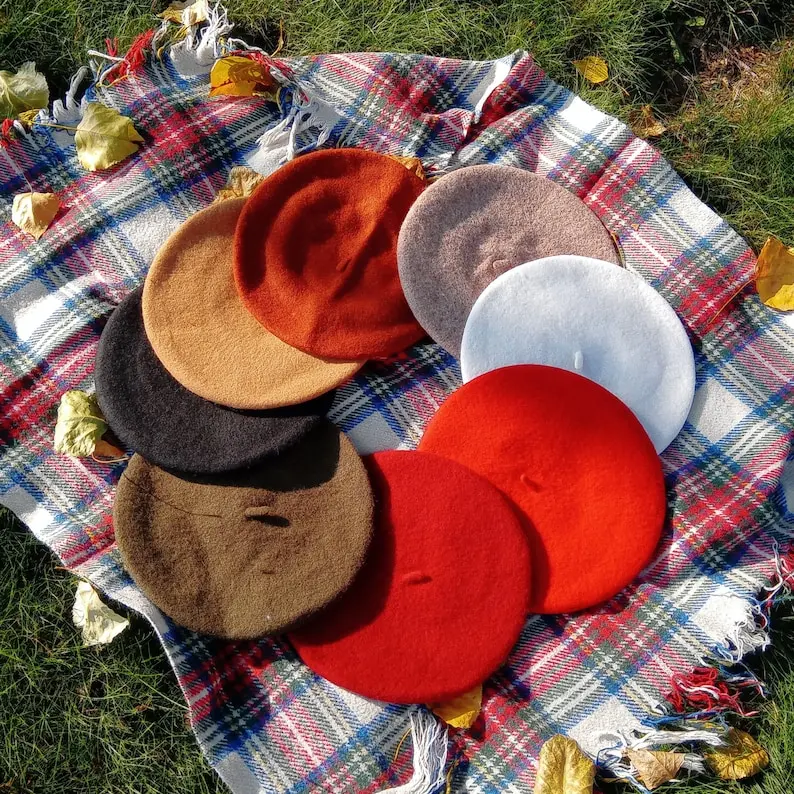 Fall 100% Solid Wool French Beret Hat Women's Autumn Headwear Berets Adult Tam Hats in Red, Brown, Tan, Black, White, and Orange