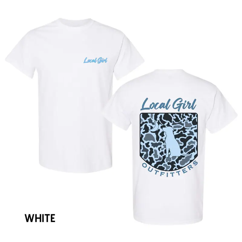 100% Cotton Unisex🐕🌙 Local Girl Outfitters blue classic camouflage graphic short sleeve crew neck tee featuring dog and moon design, soft cotton relaxed fit casual top, unisex outdoor streetwear graphic t shirt, gift idea fits Daily T-shirt