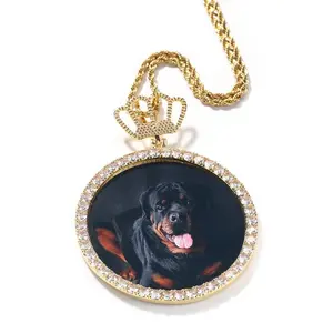 CZ Crown Chain Round Photo Customizable Memory Photo Picture Pendant Copper Plated Hip Hop Necklace for Men