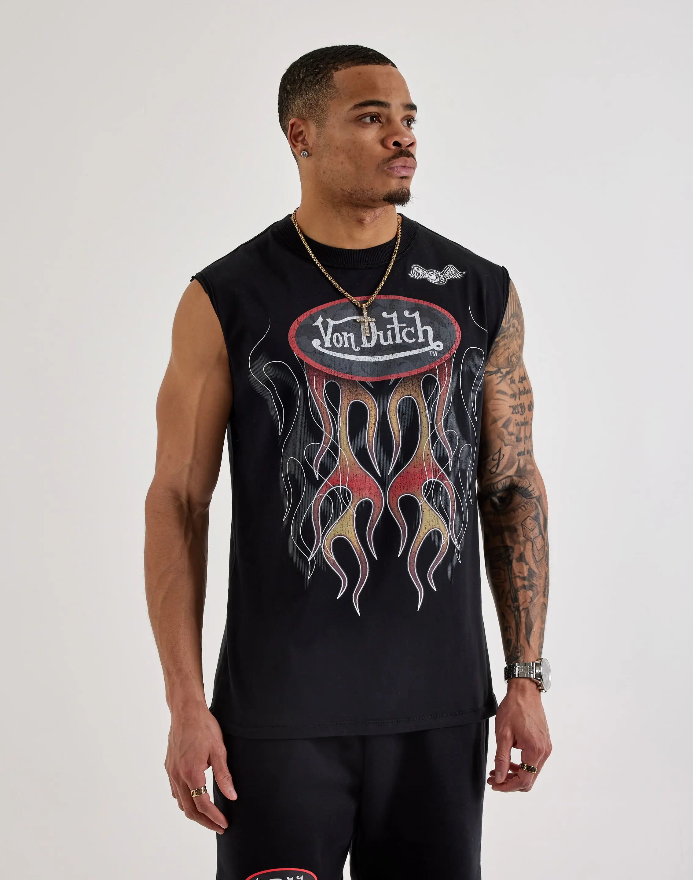 Mens Von Dutch Classic Logo Flame Sleeveless Tee