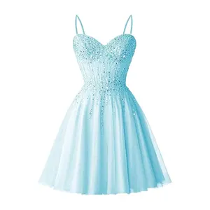 Sweetheart Tulle Homecoming Dresses Beaded Sequin Short Prom Dress Sparkly Mini Party Gowns