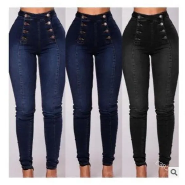 Women's High Waist Skinny Jeans, Washed Stretch Cotton Denim Pencil Pants with Double Row Multi-Button Fly, Girl