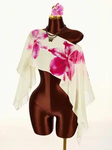 Women's Orchid Print Chiffon Shawl, Lightweight Transparent Scarf, Summer Beach Cover-Up, Perfect for Vacation and Daily Wear