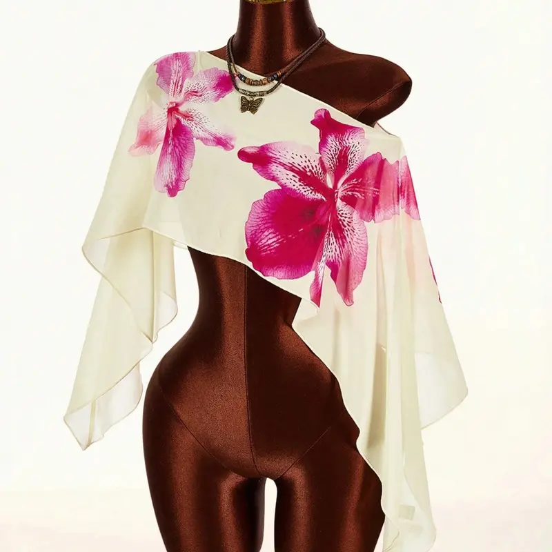 Women's Orchid Print Chiffon Shawl, Boho Floral Shawl, Lightweight Transparent Scarf, Summer Beach Cover-Up, Perfect for Vacation and Daily Wear