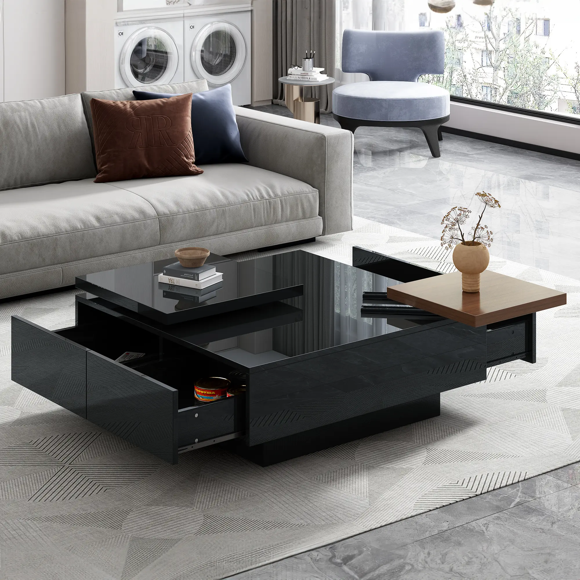 Sliding Top Square Coffee Table - Modern Glossy Wood with 4 Hidden Drawers Space-Saving Storage Center Movable Lift Design for Living Room Officee
