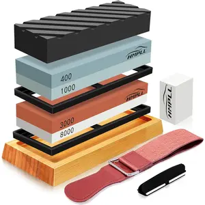 Knife Sharpening Stone Set, Professional Whetstone 4 Side Grit 400/1000 3000/8000, Whetstone Knife Sharpener Stone Set Include Non-slip Base, Leather Strop, Flattening Stone & Angle GuideQuesear