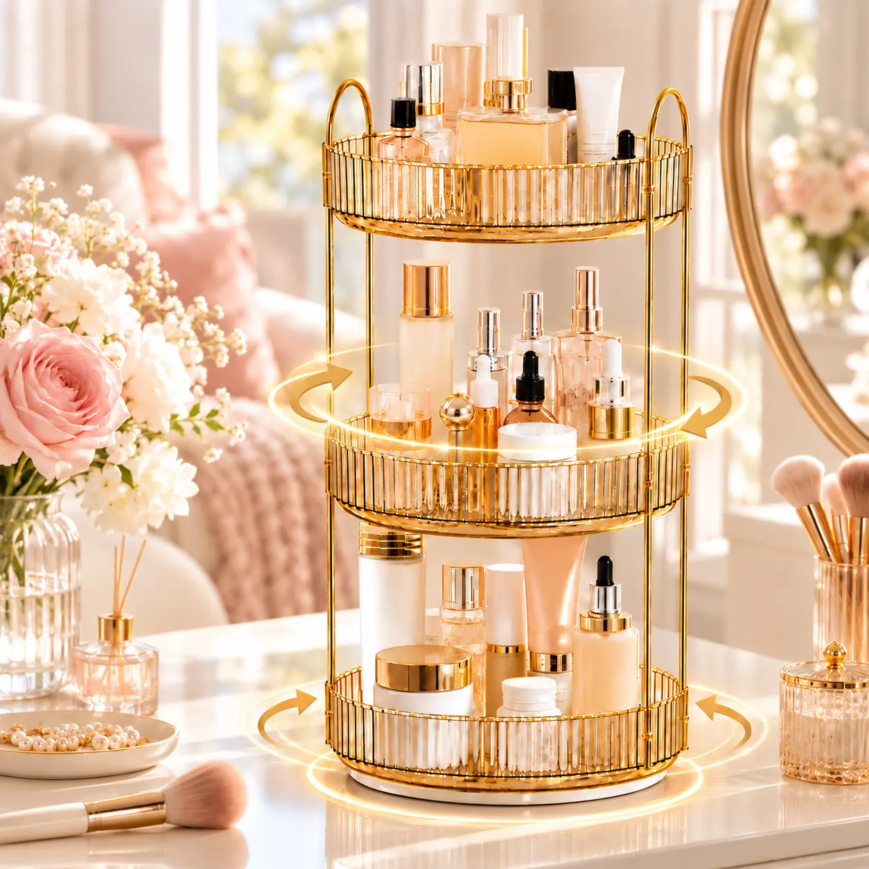 Raybee 360 Rotating Makeup Organizer, Large 2-3 Tier Acrylic Cologne Perfume Holder for Vanity Countertop,Steady Lazy Susan Cosmetics Storage Organizer, Space Saving Fragrance Display Tower for Lipsticks Brushes, Perfect Birthday Christmas Gift for Her