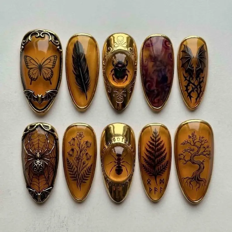 Handmade Amber Brown Press On Nails Gothic Insect Butterfly Spider Web Gold Nails For Witchy Gothic Style