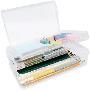 Double Layer Large Capacity Pencil Box,Plastic Translucent Pencil Box, Hard Pencil Cases with Snap-Tight Lid for Pens, Pencils, School Supplies,Office Supplies