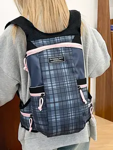 New Vintage School-Style Blue & Pink Checkered Contrast Backpack Multi-Pocket Large Capacity Outdoor Backpack Lightweight School Bag Perfect for Campus, Study, and Short Trips