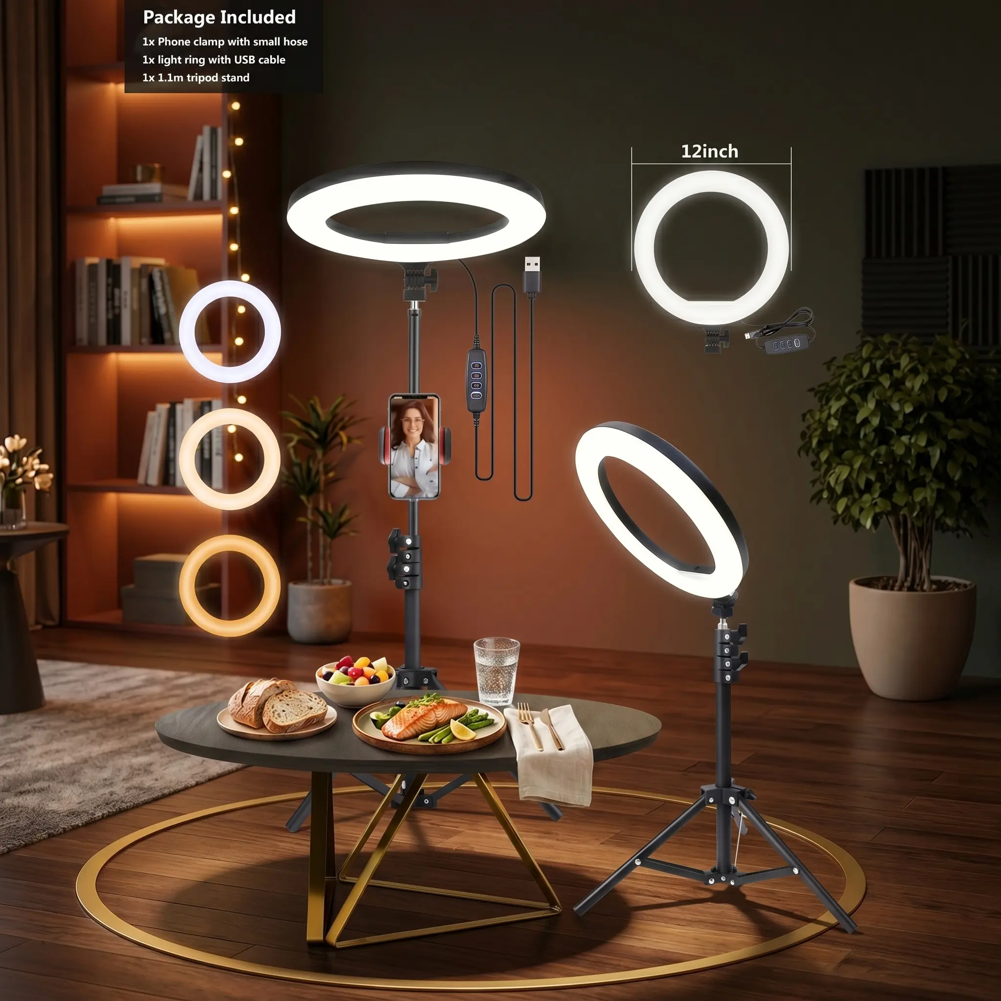 12-Inch Multi-Functional LED Ring Light, With Telescopic Tripod (Up To 110 Cm), 3 Color Modes & Button Brightness Adjustment, USB Power Supply, Suitable For Photography, Video Recording, Live Streaming, Zoom Meeting, Vlogging