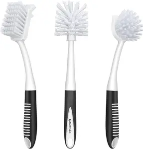 3 Pack Dish Brush Set with Bottle Brush – Long Handle Scrub Brushes with Scraper Tip for Deep Cleaning Kitchen Sink, Cups & Pots