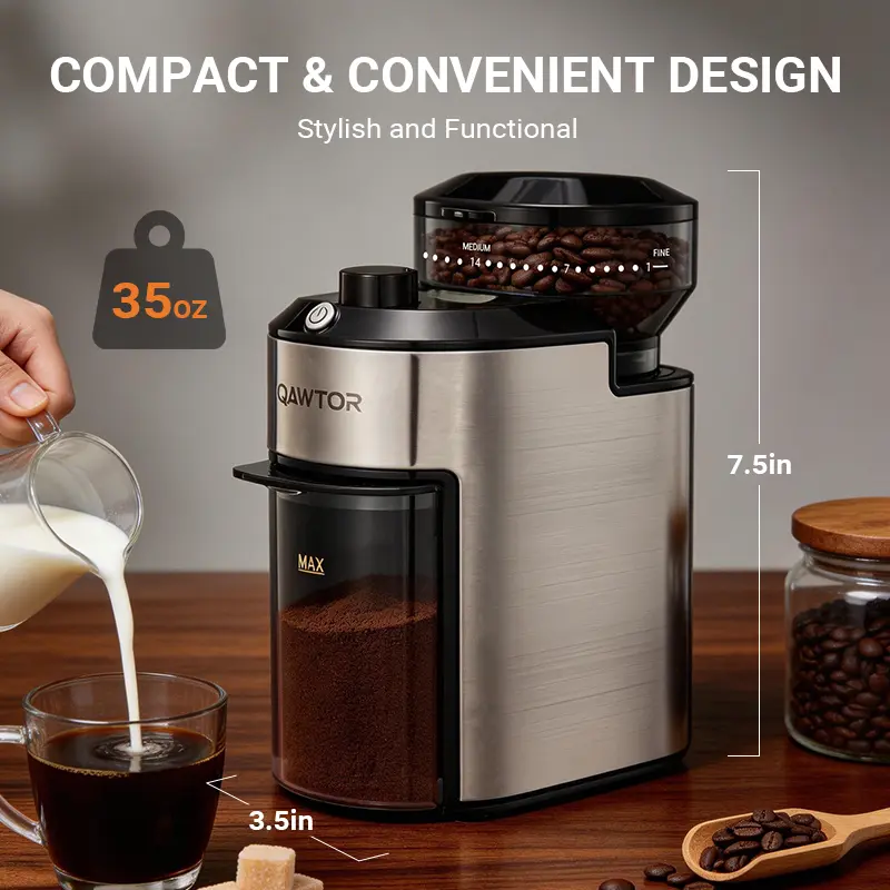 Qawtor 200W Portable Stainless Steel Conical Electric Burr Coffee Grinder - Easy to Use Coffee Grinders with Cleaning Brush, 28 Levels, 1-Touch Operation, 7.5in Compact & Space-Saving Design, Multi-Functional for Espresso, Drip, Kitchens, Apartments