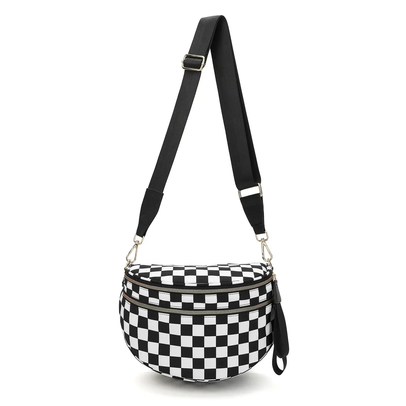 Maxoner Checkered Nylon Bum Bag Crossbody, Black and White Checkered Crossbody Bag, Fanny Pack for Women with Adjustable Strap