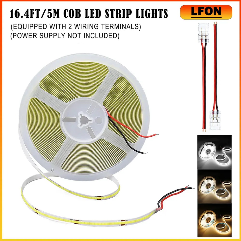 16.4ft/5m 12V COB LED Strip Light (3 Color Tones: Cool/Natural/Warm) - High CRI 95Ra+, Ultra Bright, 3-Second Solderless Installation, 2 Wiring Terminals, Ideal for Mirrors, Book Lights, Bedrooms (Power Supply Not Included)