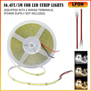 16.4ft/5m 12V COB LED Strip Light (3 Color Tones: Cool/Natural/Warm) - High CRI 95Ra+, Ultra Bright, 3-Second Solderless Installation, 2 Wiring Terminals, Ideal for Mirrors, Book Lights, Bedrooms (Power Supply Not Included)
