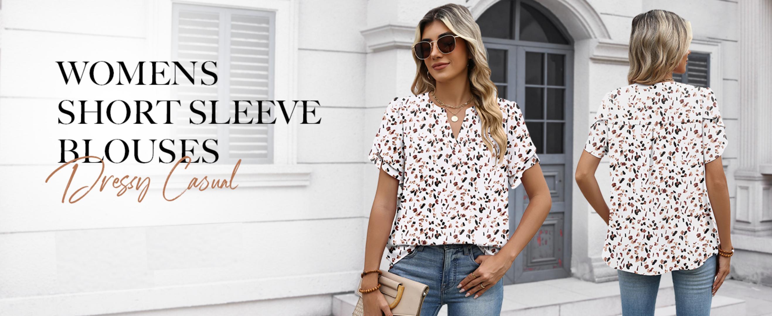Women's Chic Chiffon Blouse, Feminine Petal Short Sleeve V-Neck Top, Lightweight Double-Layer for Work & Casual Day Wear,back to school,back to school shopping