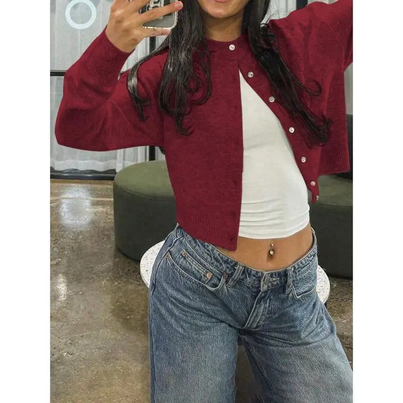 /Autumn And Winter New Women's Round Neck Small Shell Twisted Long-Sleeved Knitted Cardigan Tops Ms. Short Loose Slouchy Warm And Comfortable Color New Year Burgundy Sweater Coat