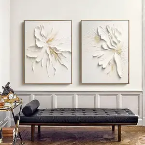 Set of 2 White Flower Wall Art,Heavy Painting,Abstract White Wall Art,Minimalist White Oil Painting,Wabi-Sabi Art Decor Unframed