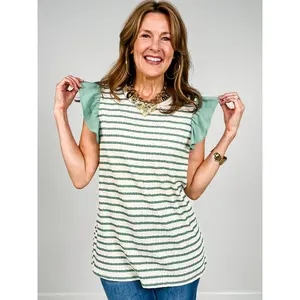 Jacquard Striped Sleeveless Top Ruffle Shoulder