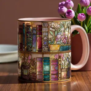 Printed Faux Stained Glass Bookshelf Mug, Book Lover Coffee Cup, Floral Library Art Vintage Mug, Reader Gift, Aesthetic Bookish Mug