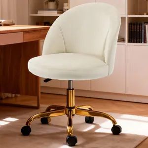YunKiTech Velvet Vanity Chair with Gold Metal Legs,Vanity Swivel Chair with Backrest,Bedroom Chair(White) wfh office Desk Chair