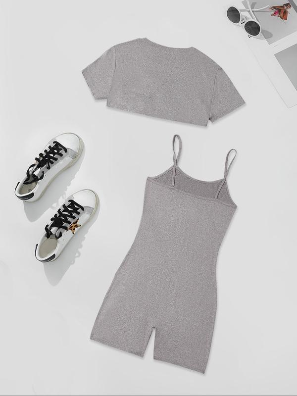 Four-Piece Set Women's Solid High Low Crop Tee & Cami Romper, Casual Short Sleeve Super Crop Top & Sleeveless Bodycon Romper, Summer Outfits 2025, Cute Summer Outfit