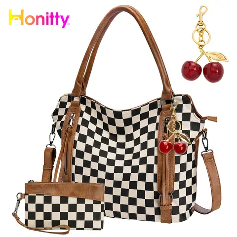 HONITTY Women's Vintage Handmade Square Canvas Hobo Tote Satchel - Cute Crossbody Purse with Cherry Keychain, Multiple Pockets, Shoulder Option, Casual Commuter Bag for Women