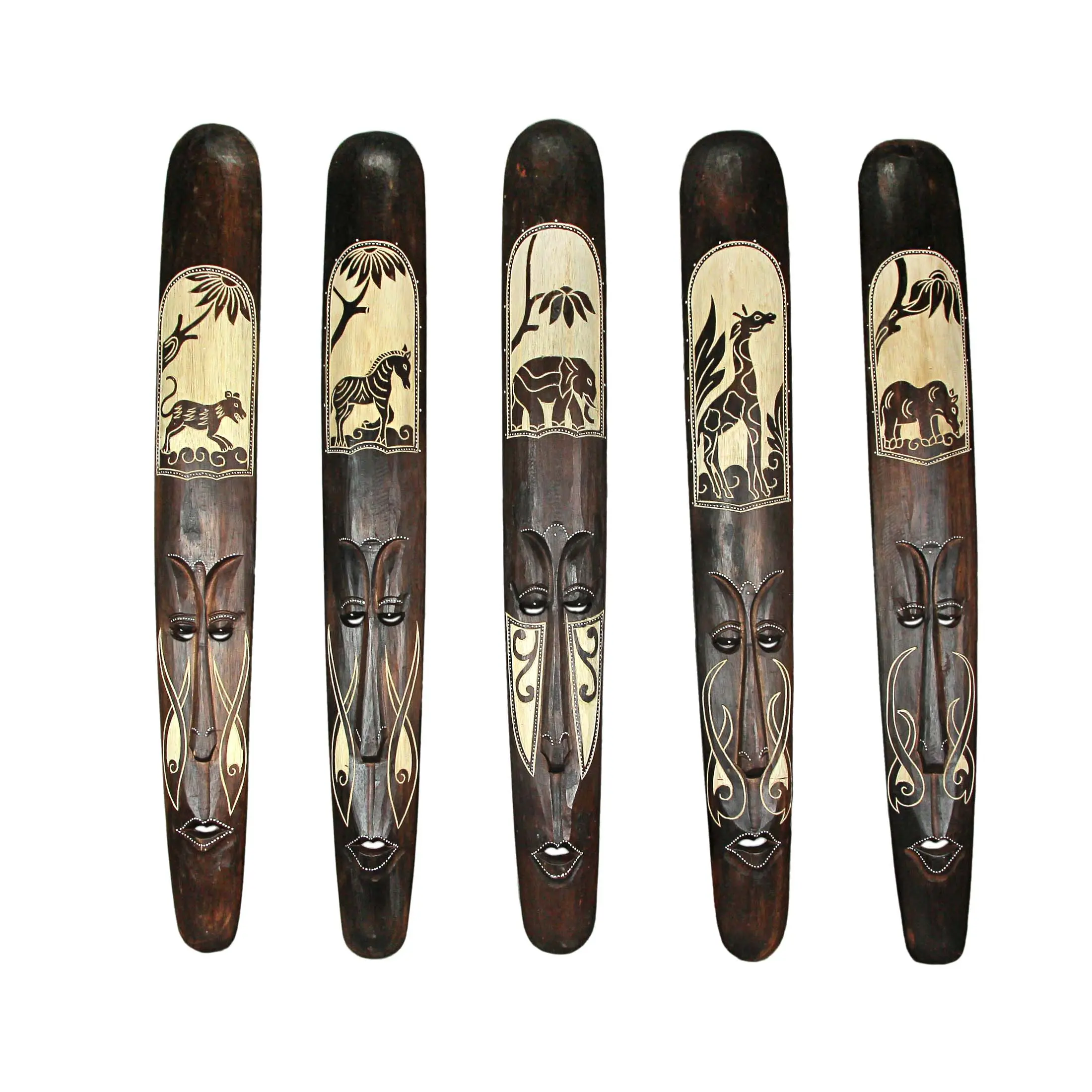 Set of 5 African Tribal Masks - 39in Hand-Carved Wood for Boho Chic