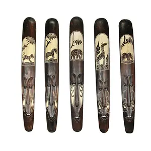 Set of 5 African Tribal Masks - 39in Hand-Carved Wood for Boho Chic