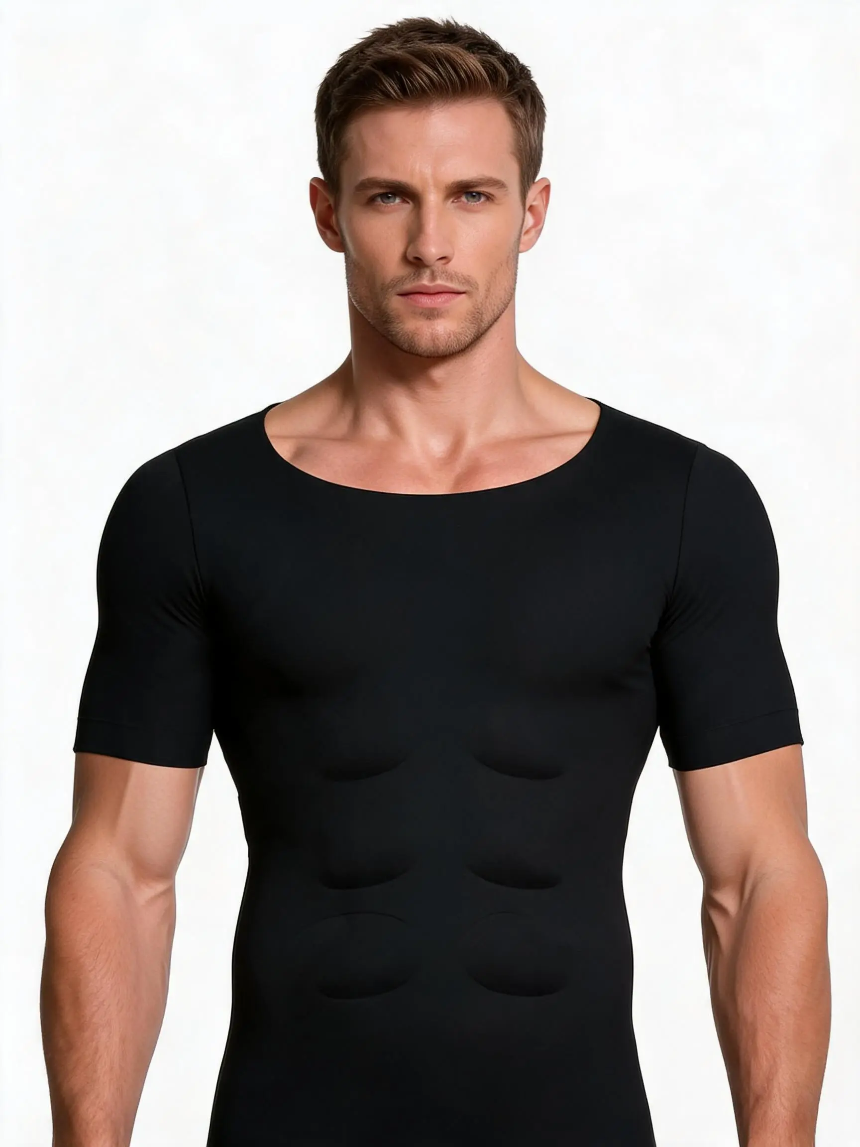 2 pieces of men’s invisible seamless muscle-building T-shirts with removable muscle pads and mild compression features, suitable for everyday wear, role-playing, and special occasions. Perfect as a Father’s Day gift.